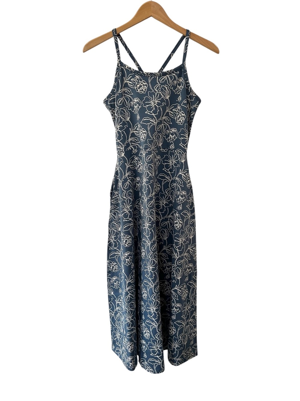 Pact Fit & Flare floral Midi Dress M slate blue organic Cotton Pockets NWOT